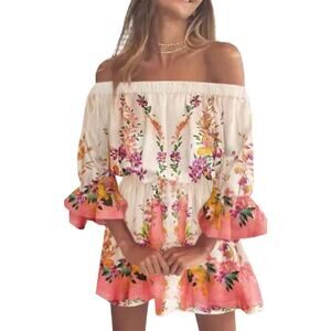 Floral Cottagecore Fairy Boho Off Shoulder Cream Pink Dress Women's Small